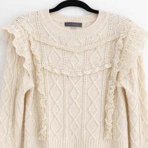 Grey Collective Cream Cable Knit Ruffle Sweater Women’s Size L Boho Cottagecore